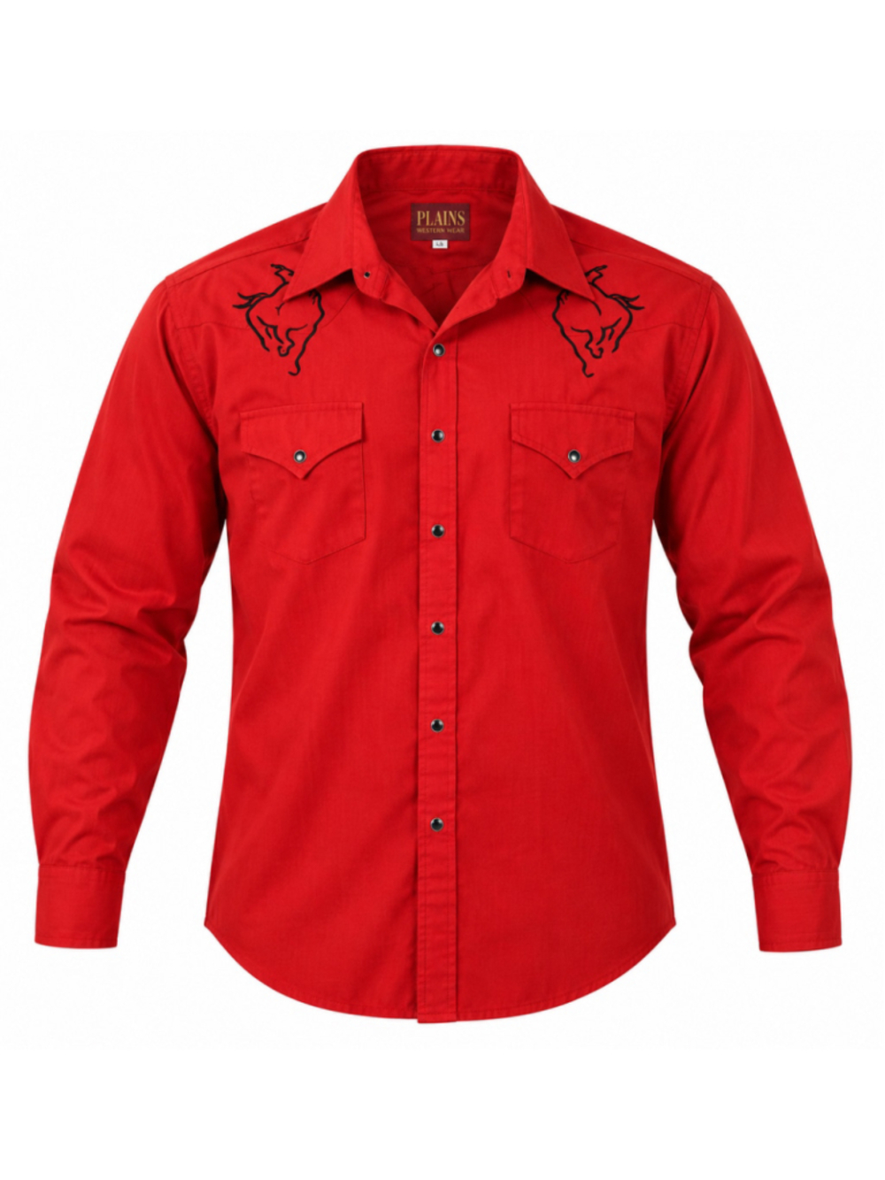 Vtg 90s Plains Western Wear Men’s Red Pearl Snap Shirt Embroidered Horses Sz L